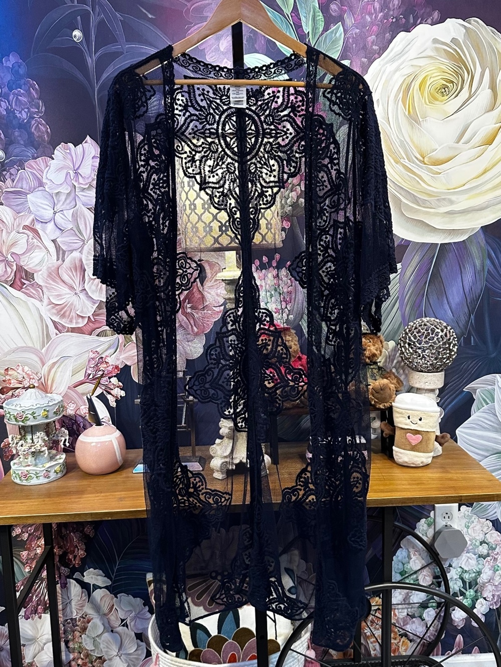 S-M Lace Sheer Kimono Cardigan Navy Cotton Nylon Blend Boho Layering Unbranded